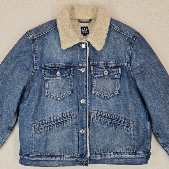 Gap Denim Sherpa Trucker Jacket Women's L Medium Wash Faux Shearling Lined - Picture 3 of 13